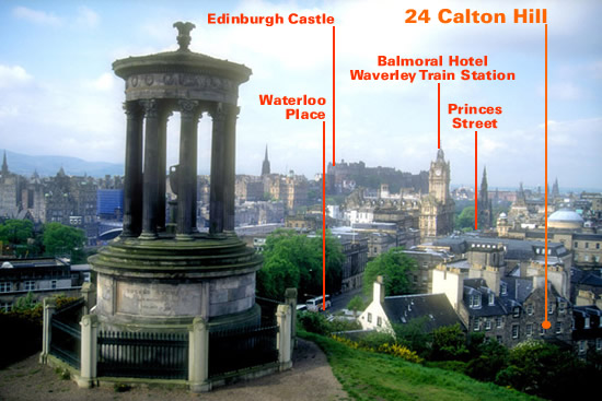 View of Edinburgh looking down Princes Street from top of Calton Hill.  Flat looks out on hill, 30 second walk to the park entrance